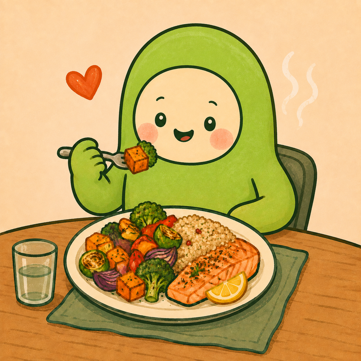 Happy mascot enjoying a colorful meal